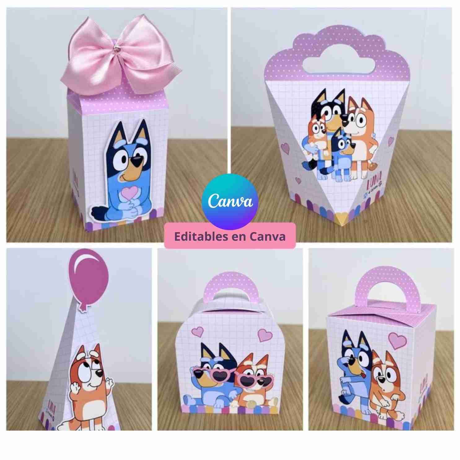 Cajitas rosas de perritos: modelos terminados y sello Editables en Canva