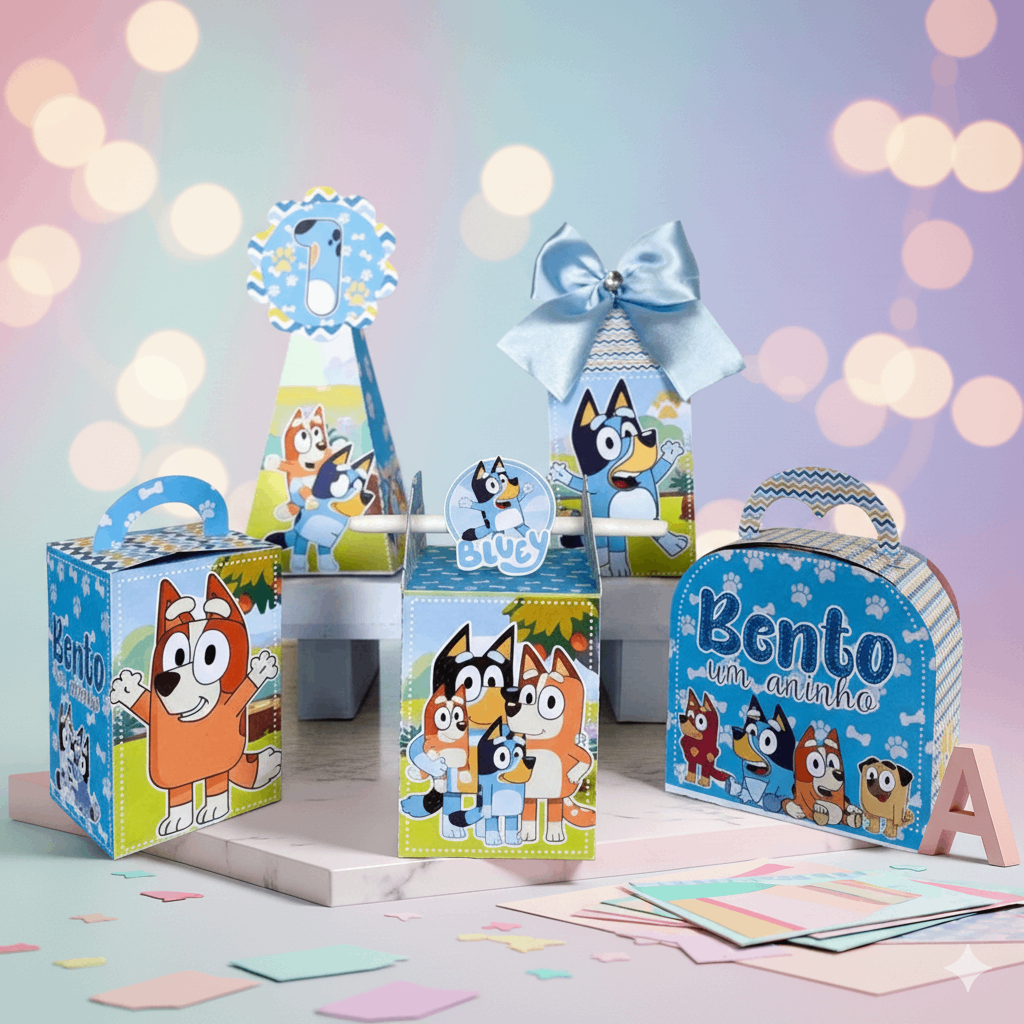 Cajitas y dulceros azules de perritos, listos para una fiesta temática